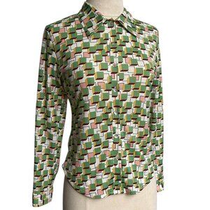 70s vintage geometric print shirt abstract cube checker pattern Japan fabric.